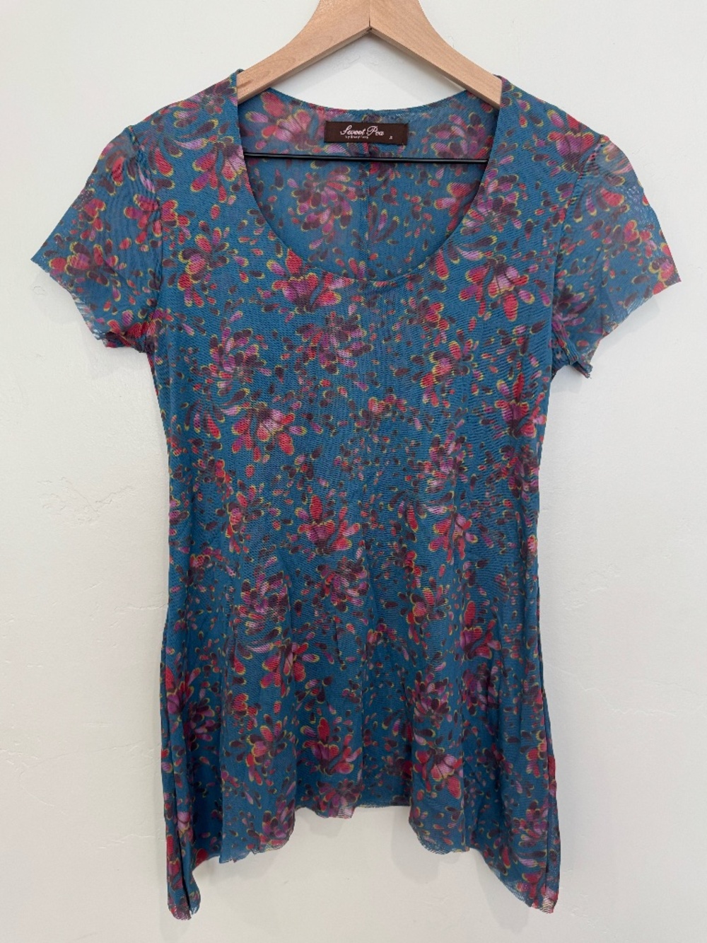 Sweet Pea Y2K Mesh Top Size S Whimsical Whimsigoth Fairycore Short Sleeve Blouse